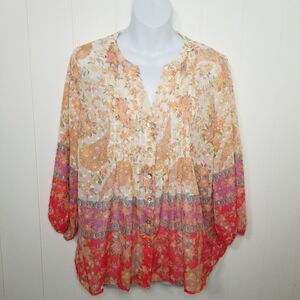 Figueroa & Flower Top Womens Size Petite XL Semi Sheer Floral Boho